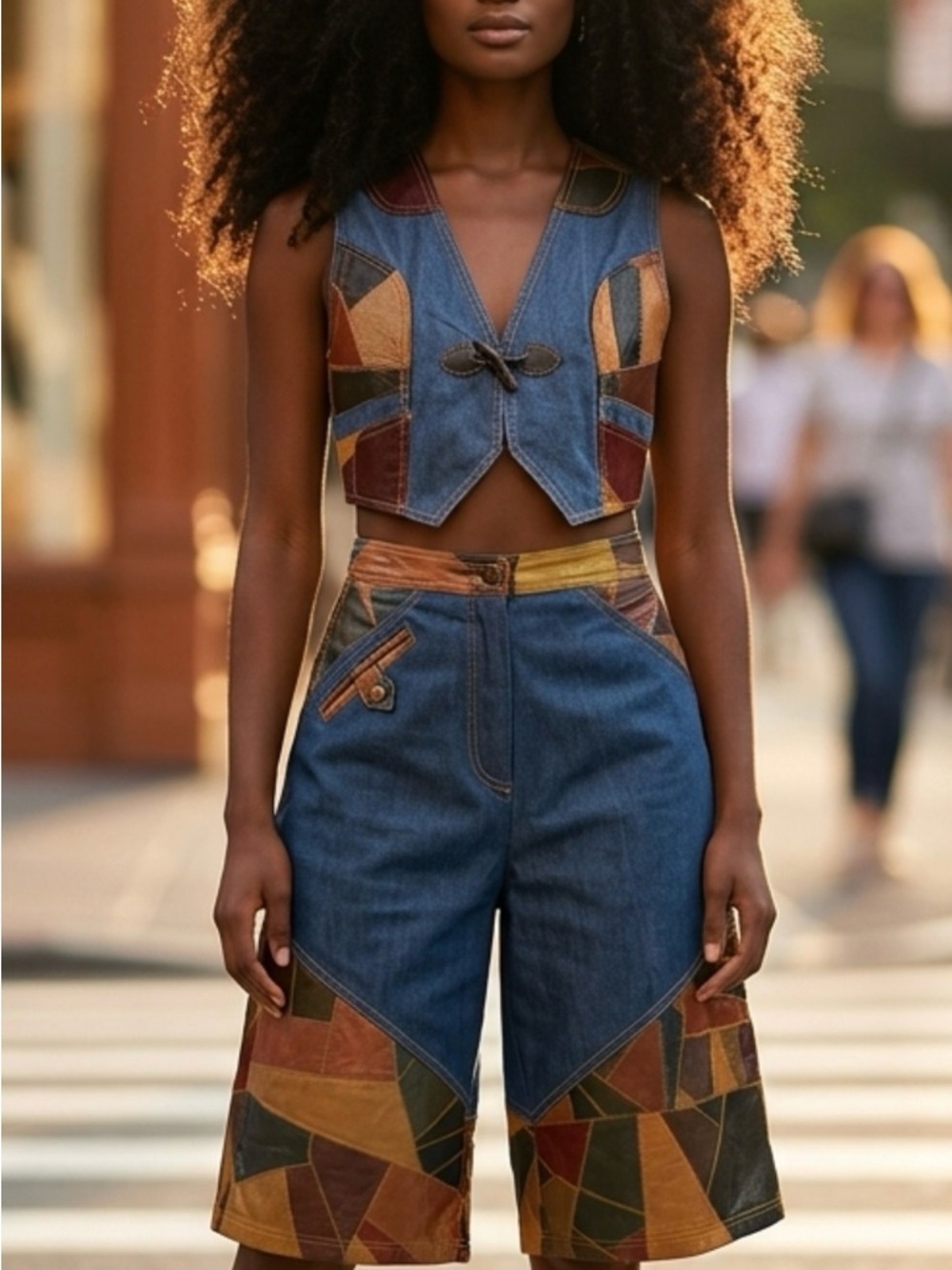 1970 Vintage Patchwork Denim Wide-Leg Set in Blue - Picture 3 of 3